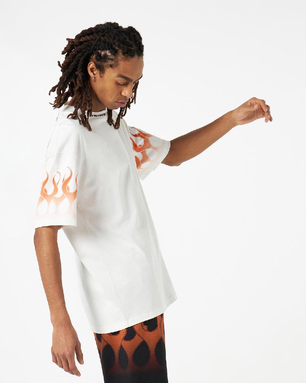 Vision Of Super WHITE T-SHIRT WITH ORANGE FLAMES Qualità