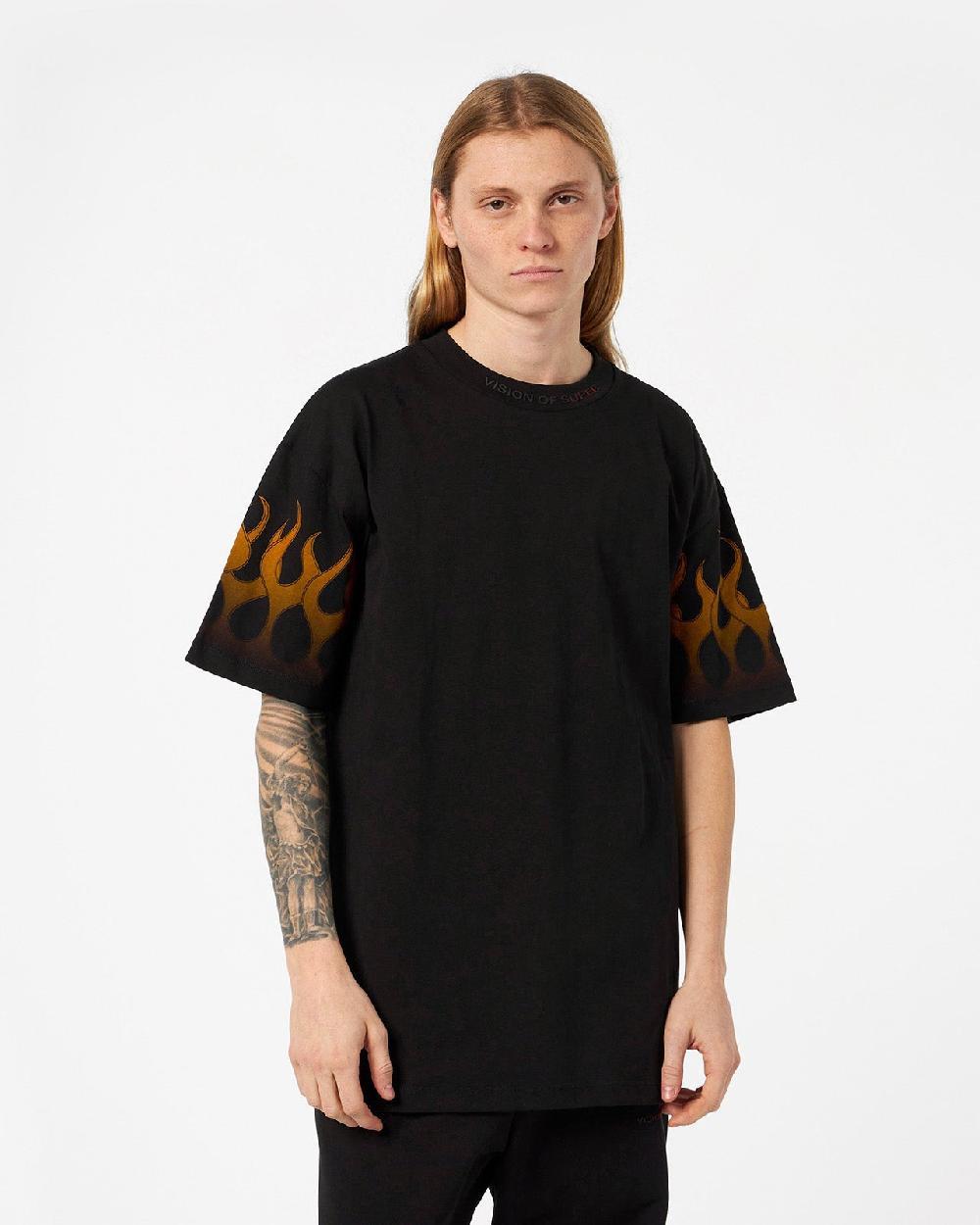 Vision Of Super BLACK T-SHIRT WITH ORANGE FLAMES Vendita