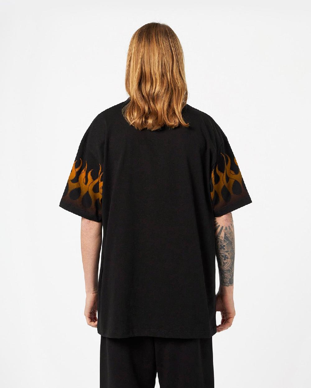 Vision Of Super BLACK T-SHIRT WITH ORANGE FLAMES Vendita