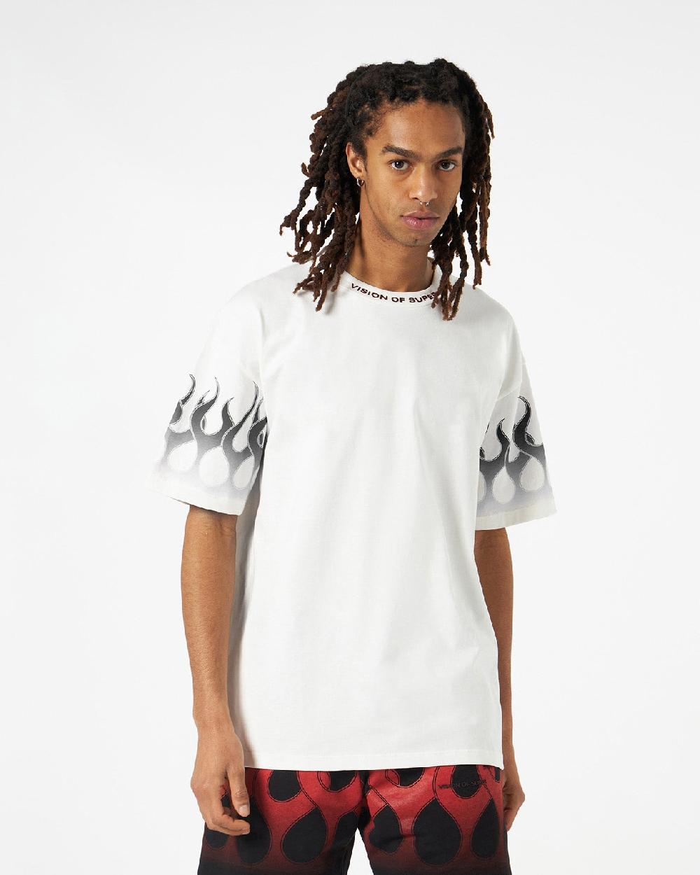 Vision Of Super WHITE T-SHIRT WITH BLACK FLAMES Spedizione Gratuita