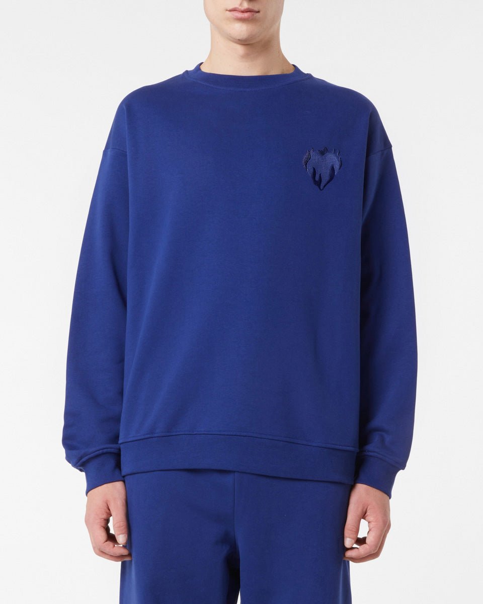 Vision Of Super BLUE CREWNECK WITH EMBROIDERED FLAMING HEART Shopping Online