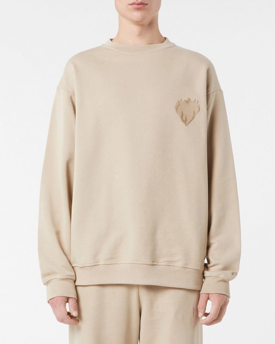 Vision Of Super LIGHT BROWN CREWNECK WITH EMBROIDERED FLAMING HEART Affare Del Giorno