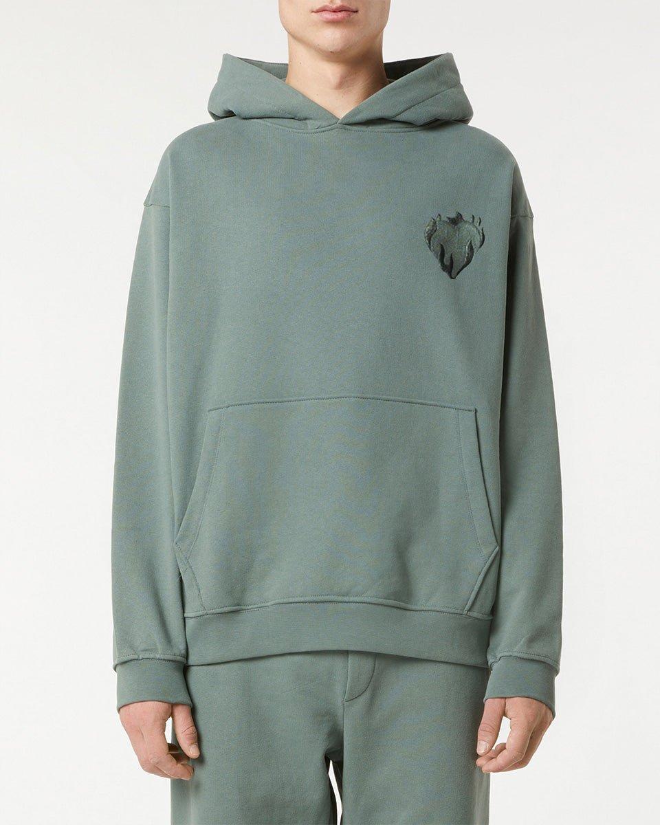 Vision Of Super BALSAM GREEN HOODIE WITH EMBROIDERED FLAMING HEART Prezzo Ridotto