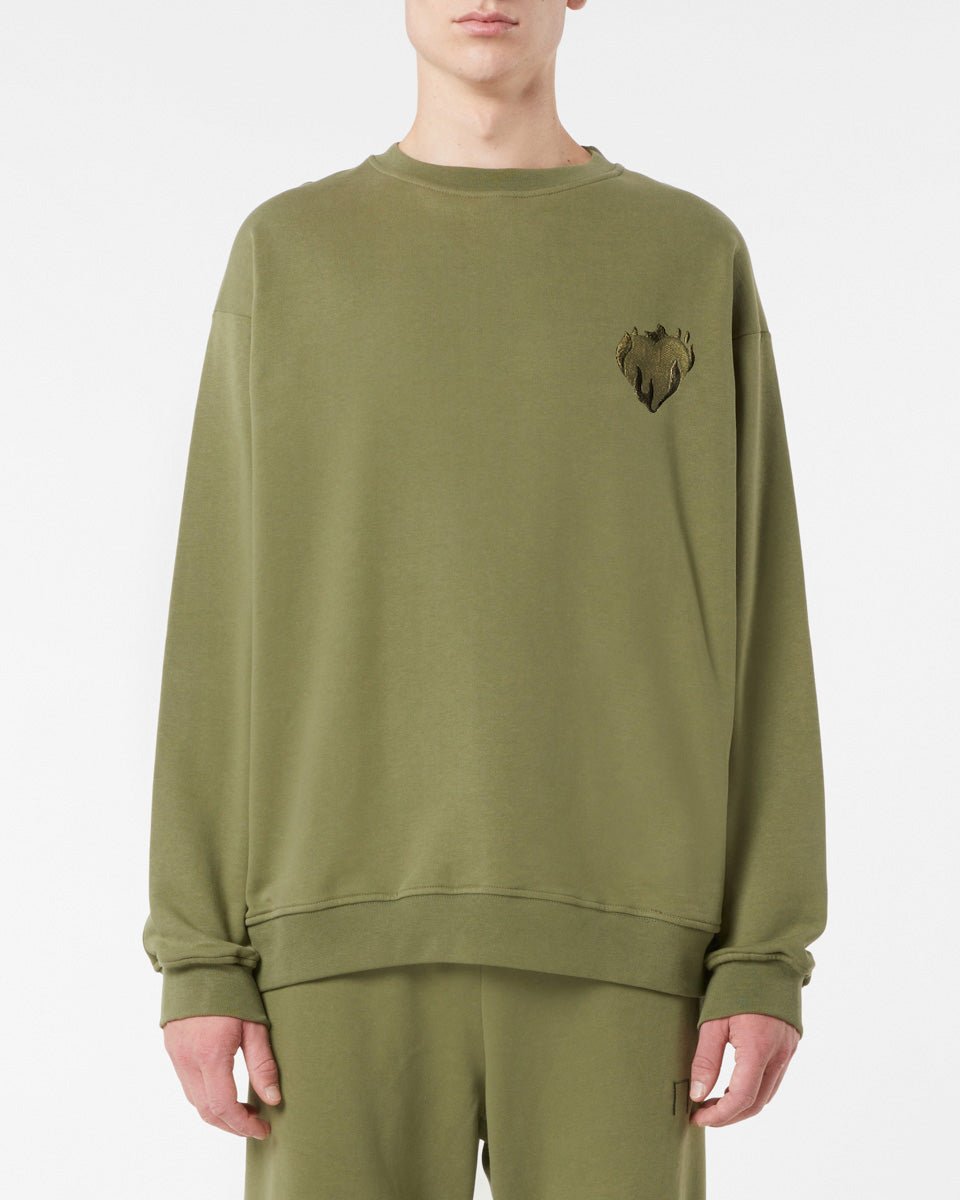 Vision Of Super GREEN CREWNECK WITH EMBROIDERED FLAMING HEART Convenienza