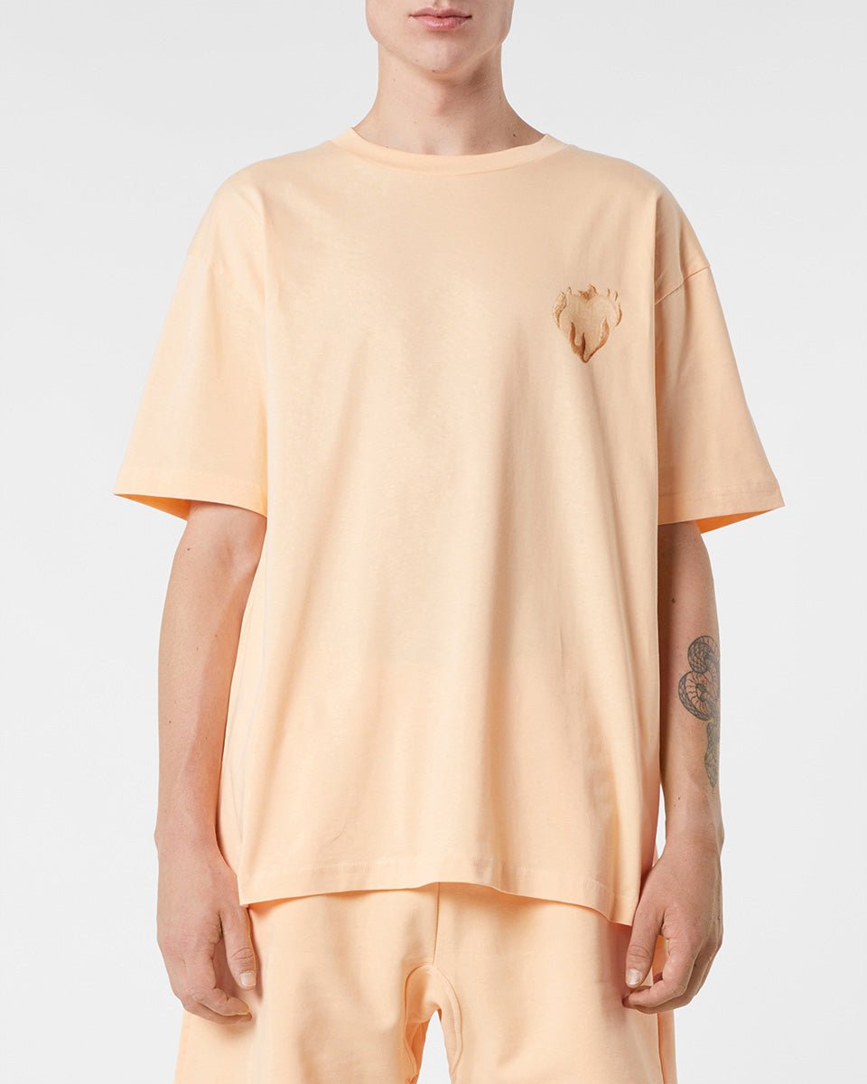Vision Of Super PEACH T-SHIRT WITH EMBROIDERED FLAMING HEART In Vendita