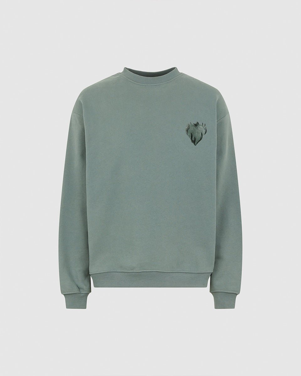Vision Of Super BALSAM GREEN CREWNECK WITH EMBROIDERED FLAMING HEART