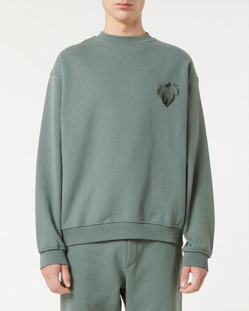 Vision Of Super BALSAM GREEN CREWNECK WITH EMBROIDERED FLAMING HEART Acquista Ora