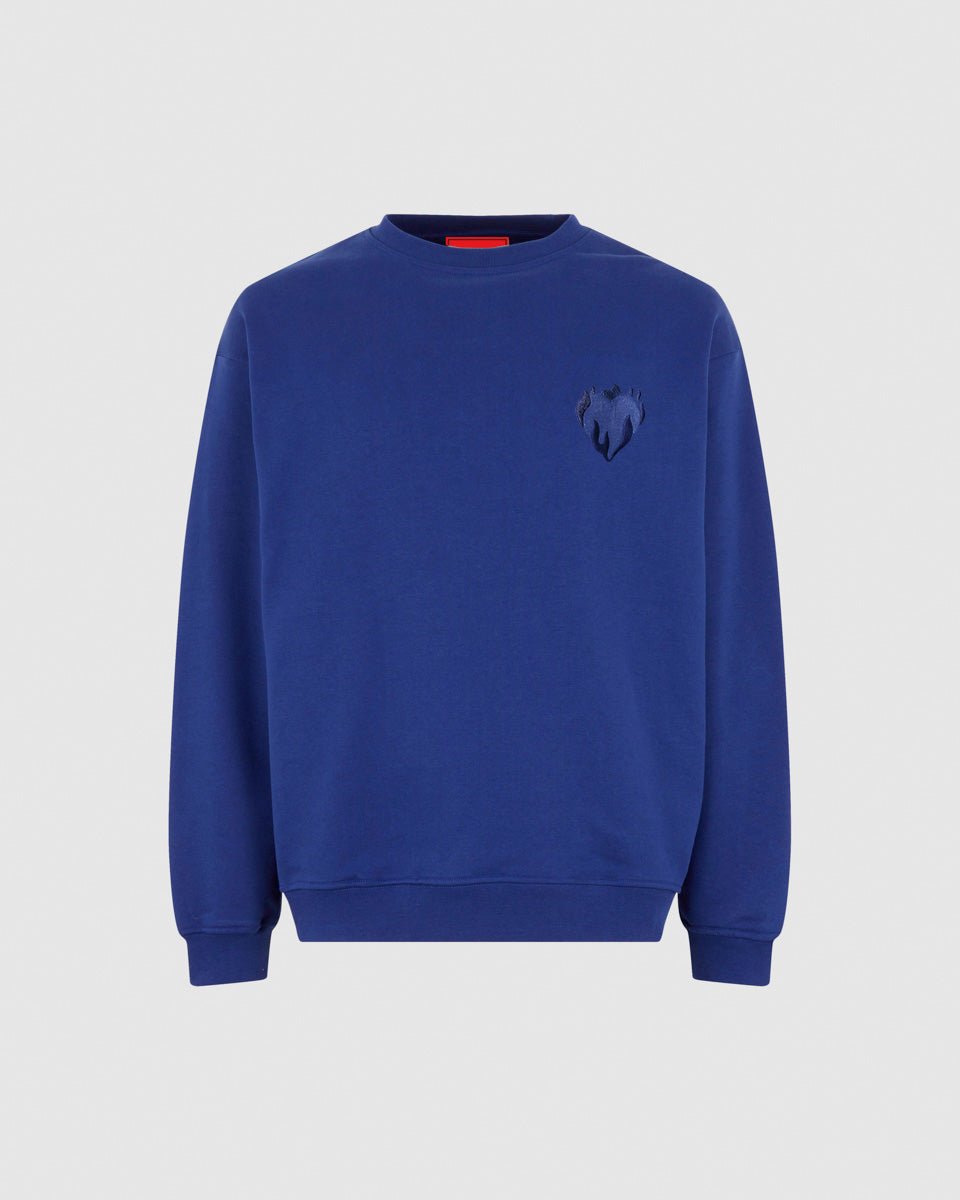 Vision Of Super BLUE CREWNECK WITH EMBROIDERED FLAMING HEART