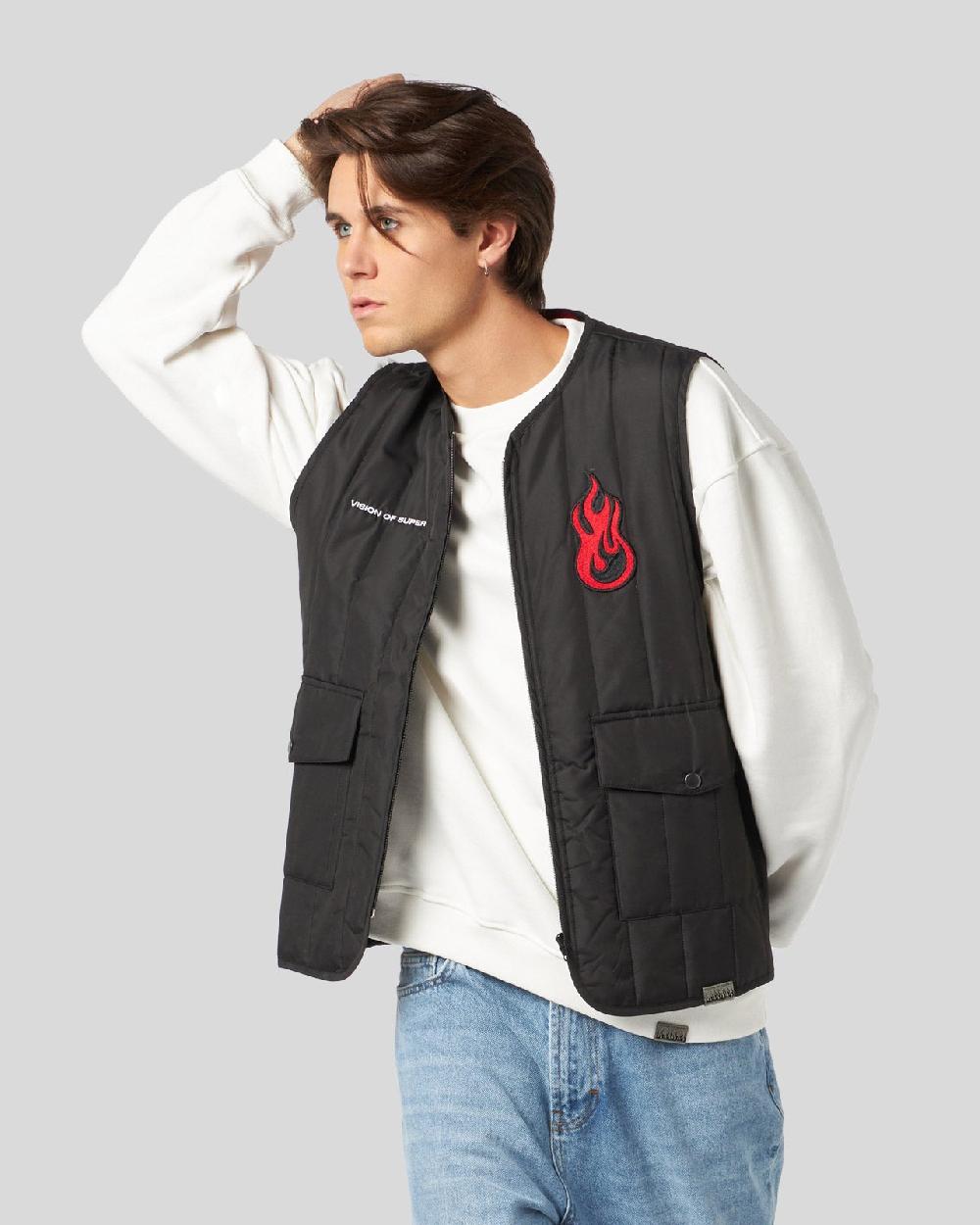 Vision Of Super BLACK GILET WITH VOS GRAPHICS PATCHES AND LOGO Offerta