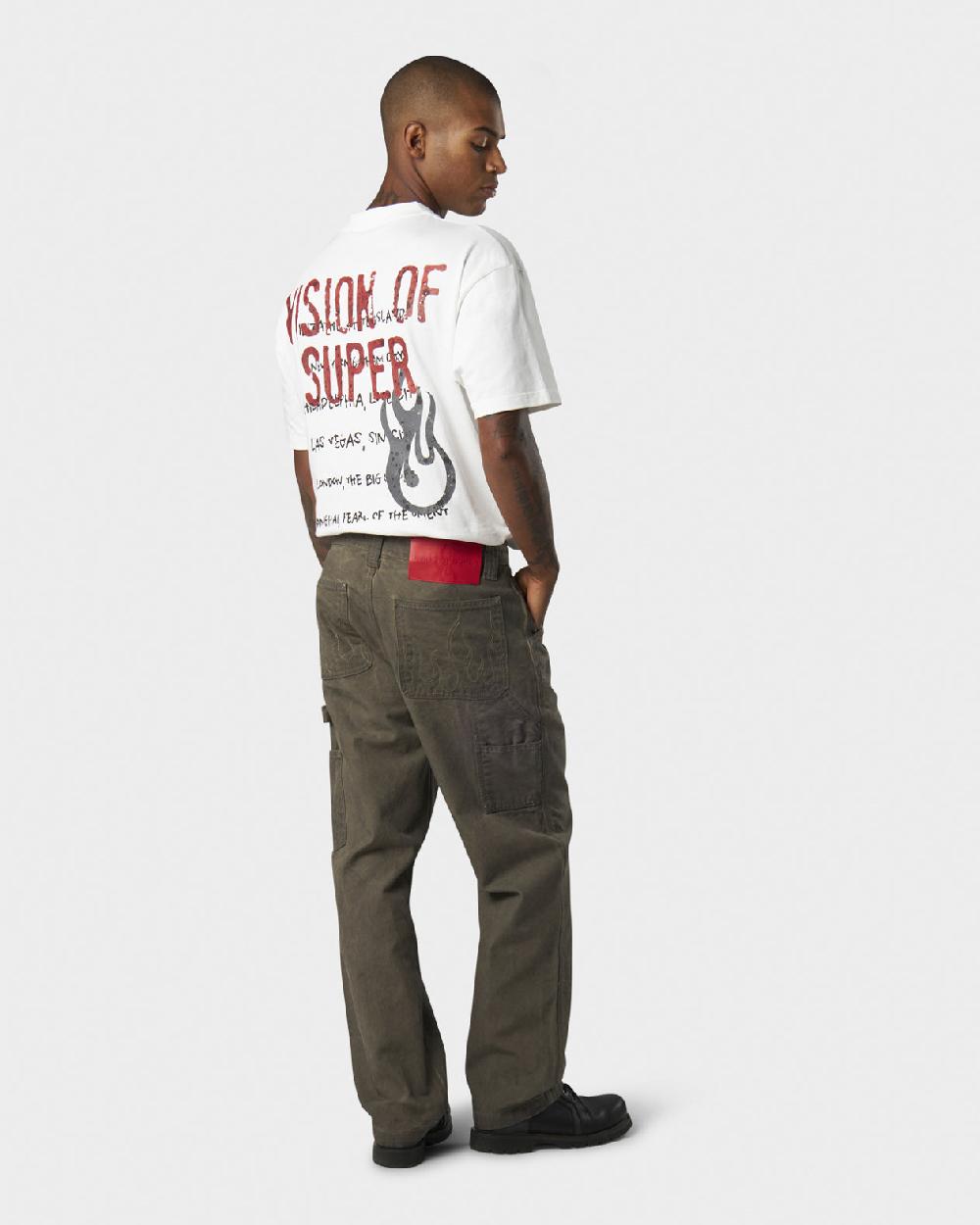 Vision Of Super MILITARY GREEN WASHED DENIM WITH EMBROIDERED FLAMES ON POCKET AND RED LABEL Sconto di tempo limitato