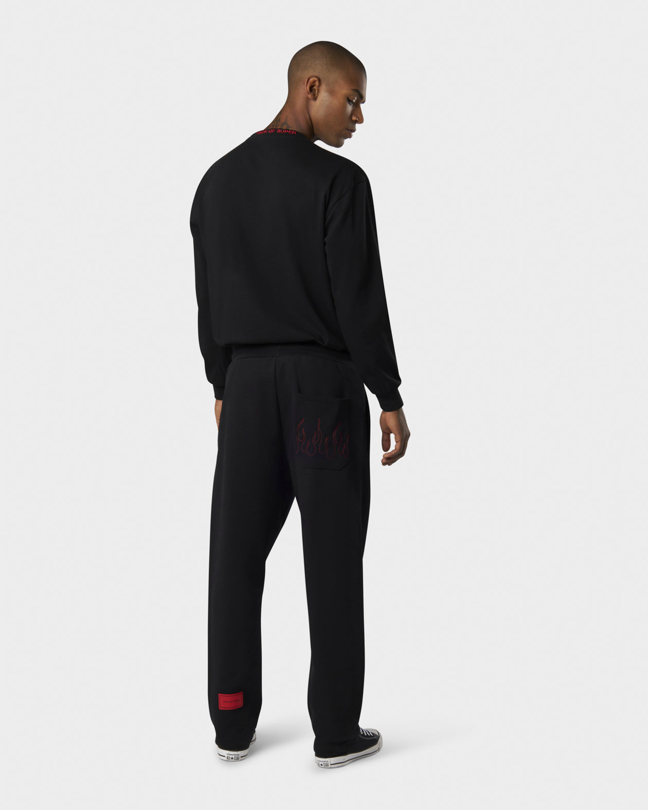 Vision Of Super BLACK SWEATPANTS WITH WHITE COULISSE EMBROIDERED FLAMES ON POCKET AND RED LABEL ON BACK LEFT LEG Hotsell