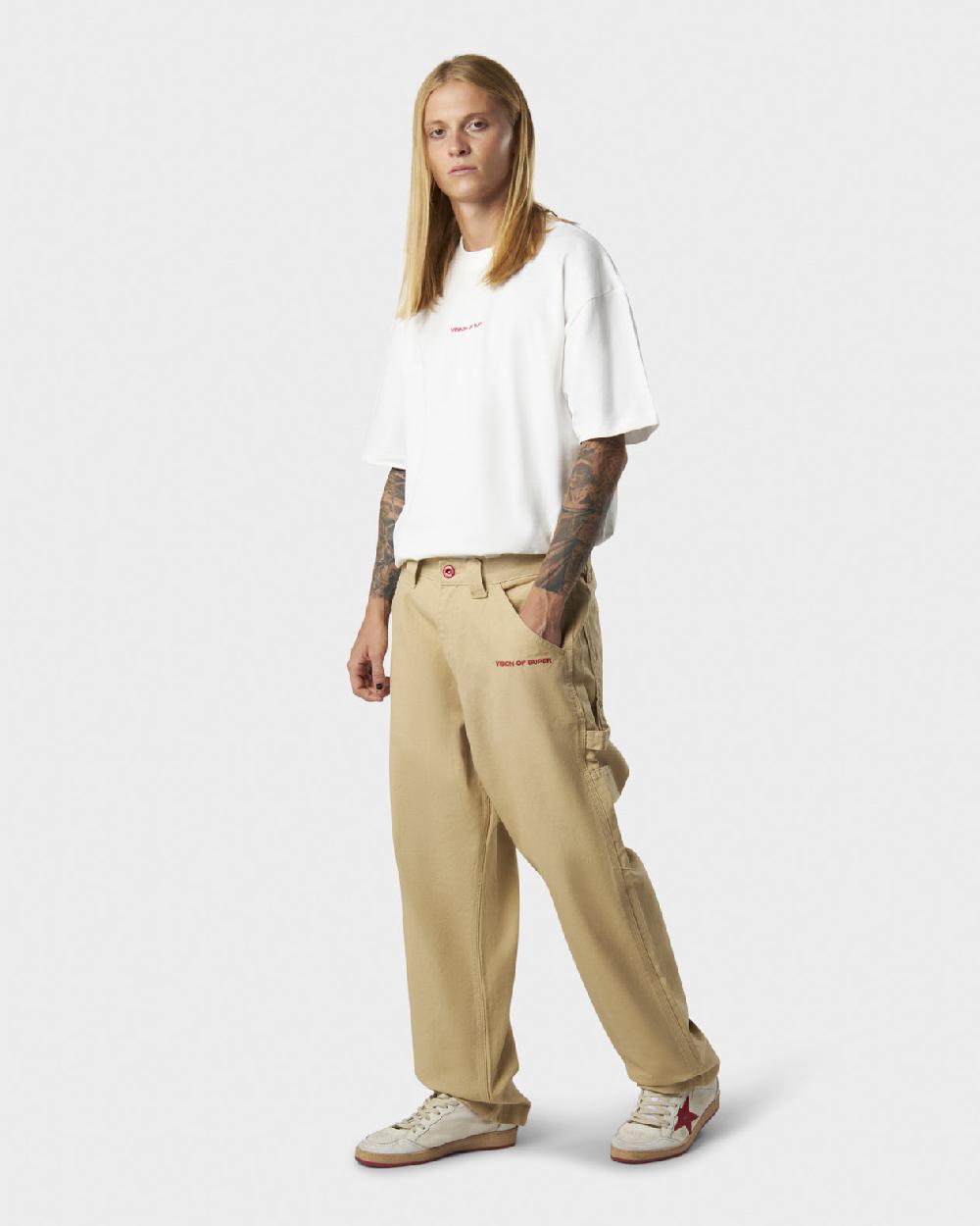 Vision Of Super BEIGE WORKER DENIM WITH EMBROIDERED FLAMES ON POCKETS AND RED NEW BIG LABEL Vendita Calda
