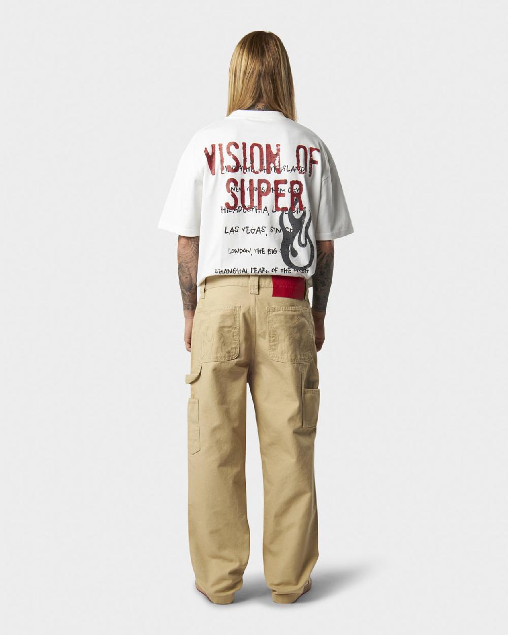 Vision Of Super BEIGE WORKER DENIM WITH EMBROIDERED FLAMES ON POCKETS AND RED NEW BIG LABEL Vendita Calda