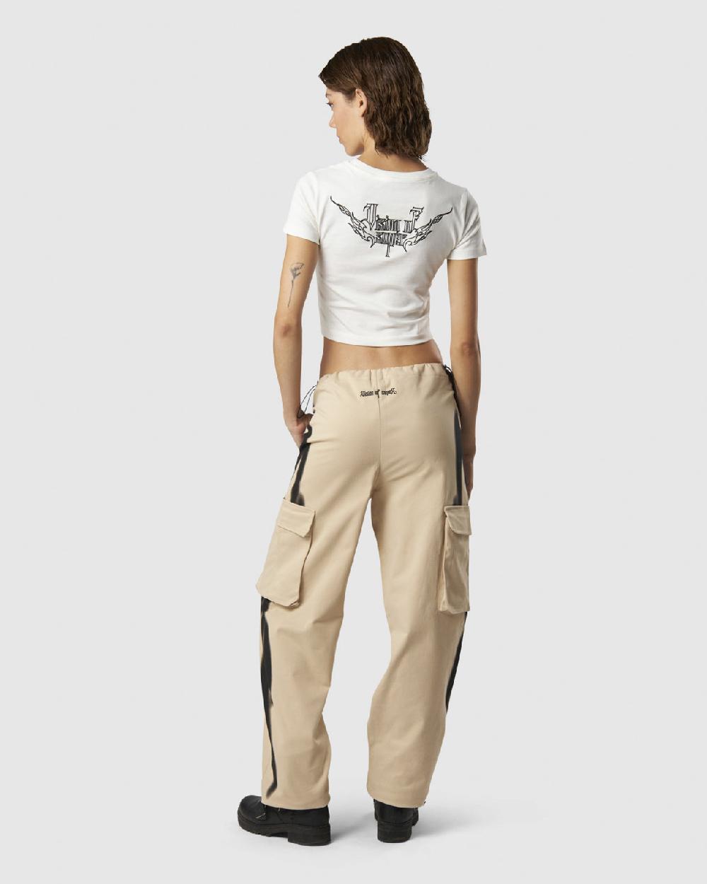 Vision Of Super LIGHT SAND CARGO PANTS WITH EMBROIDERED TRIBAL LOGO ON BACK AND PRINTED TRIBAL FLAMES ON SIDES Vendita Economica