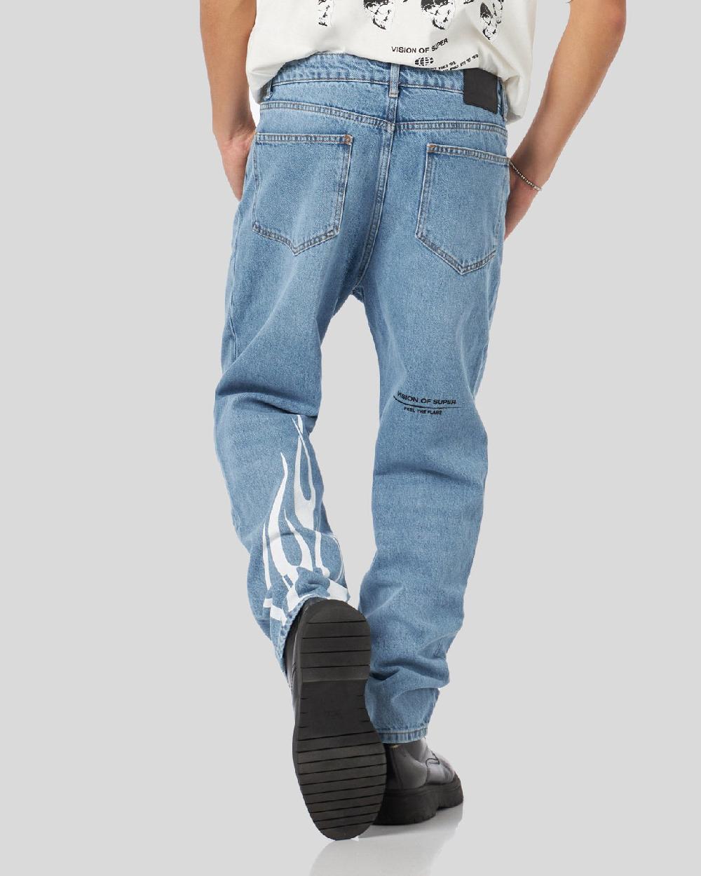 Vision Of Super BLUE DENIM JEANS WITH PRINTED FLAMES AND LOGO Negozio