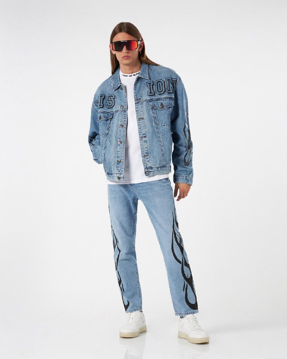 Vision Of Super BLUE DENIM JACKET WITH BLACK TRIBAL FLAMES Qualità Garantita