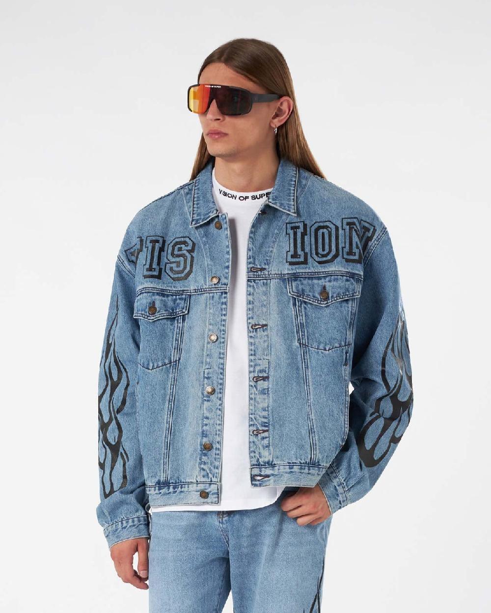 Vision Of Super BLUE DENIM JACKET WITH BLACK TRIBAL FLAMES Qualità Garantita