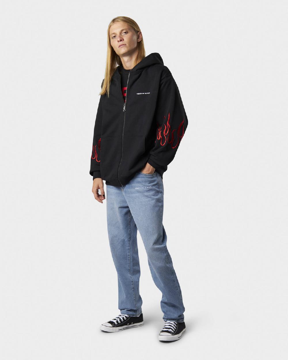 Vision Of Super BLACK HOODIE ZIP WITH EMBROIDERED WHITE LOGO EMBROIDERED RED FLAMES AND METAL LABEL + BUTTON In Vendita