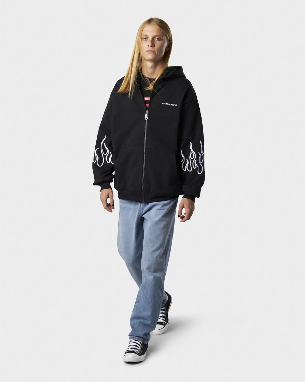 Vision Of Super BLACK HOODIE ZIP WITH EMBROIDERED WHITE LOGO EMBROIDERED WHITE FLAMES AND METAL LABEL + BUTTON Saldi
