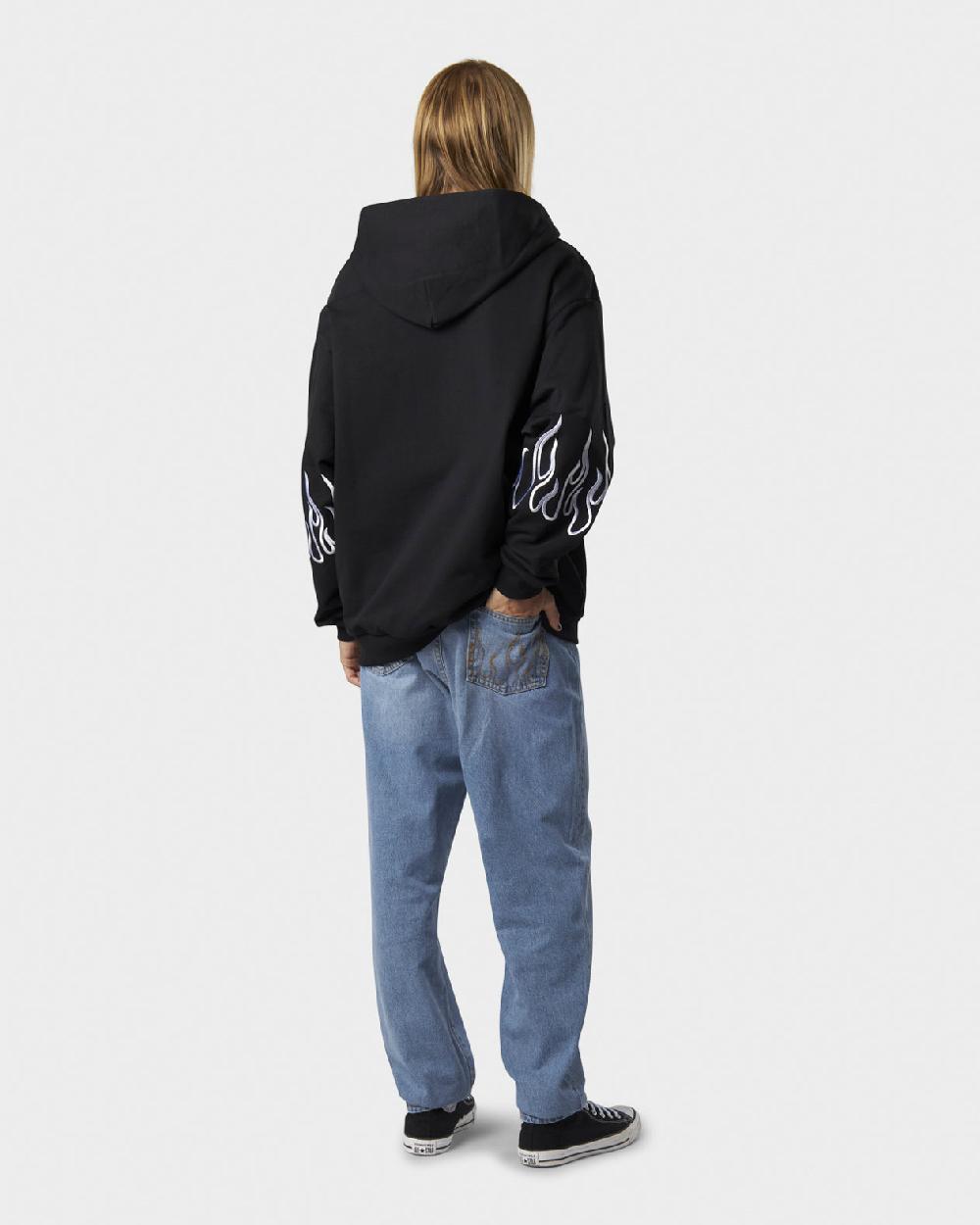 Vision Of Super BLACK HOODIE ZIP WITH EMBROIDERED WHITE LOGO EMBROIDERED WHITE FLAMES AND METAL LABEL + BUTTON Saldi