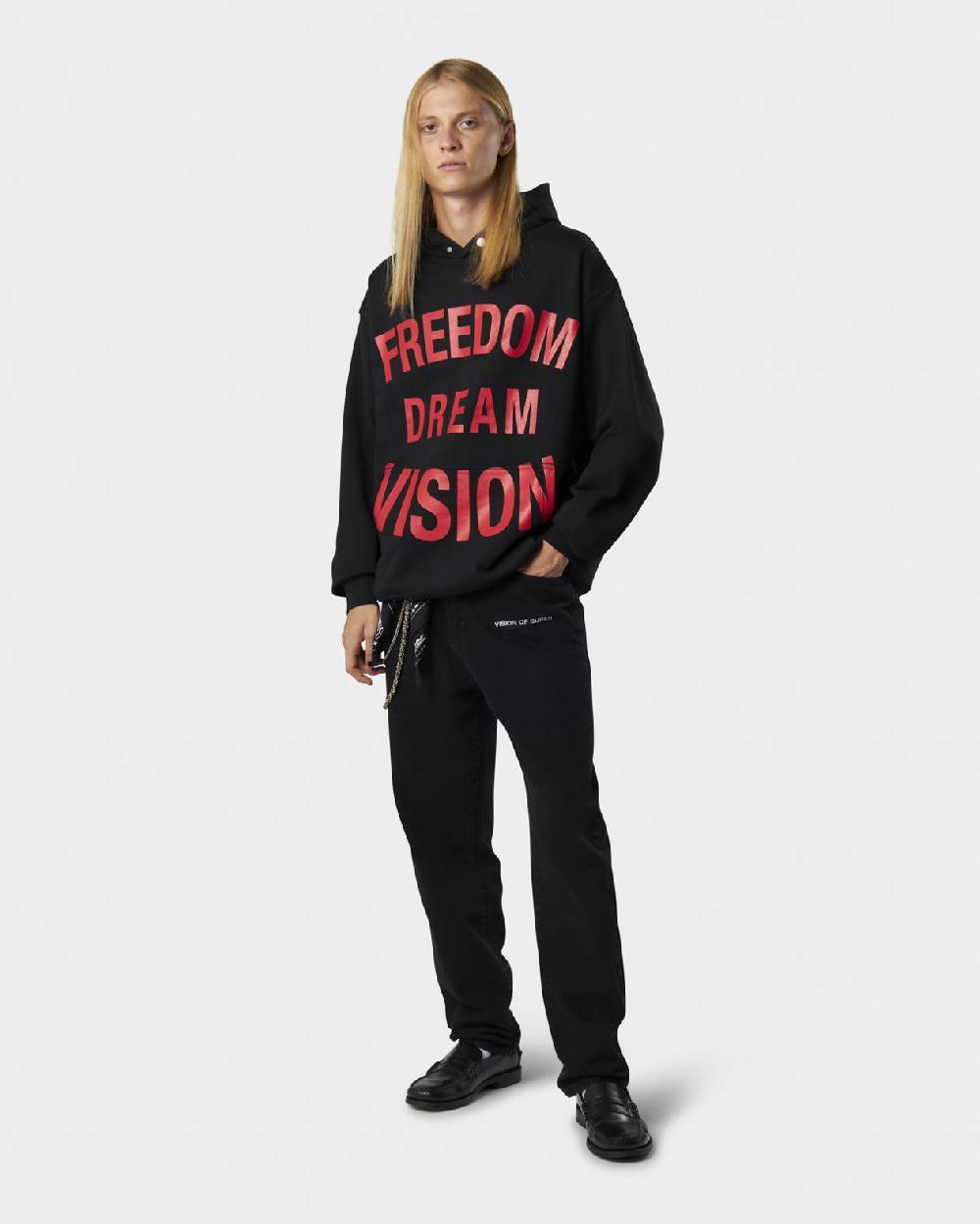Vision Of Super BLACK HOODIE WITH FREEDOM PRINT METAL LABEL AND BUTTON Offerte