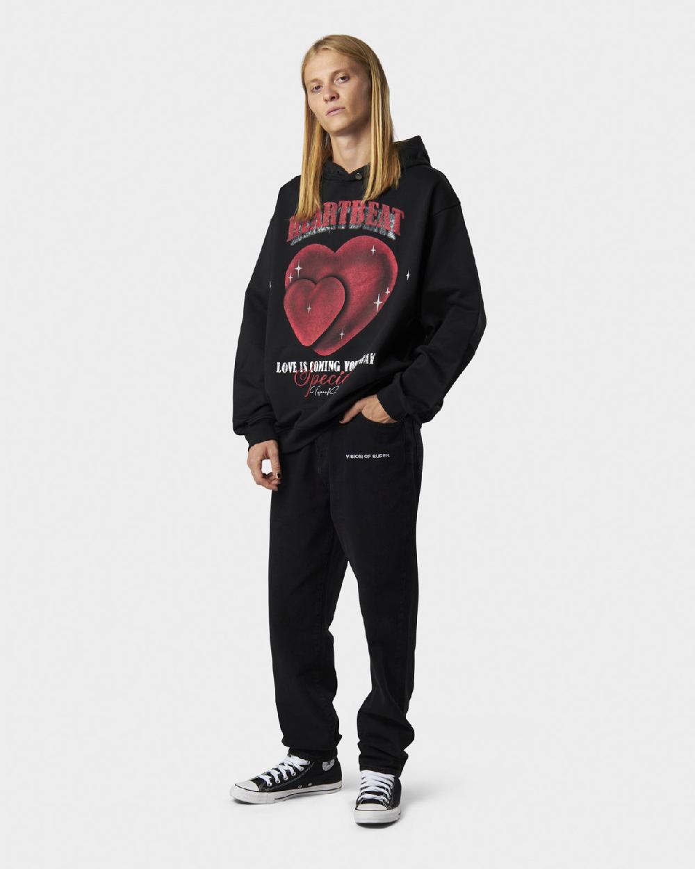 Vision Of Super BLACK HOODIE WITH HEARTBEAT PRINT ON FRONT AND METAL LABEL AND BUTTON Vendita Calda