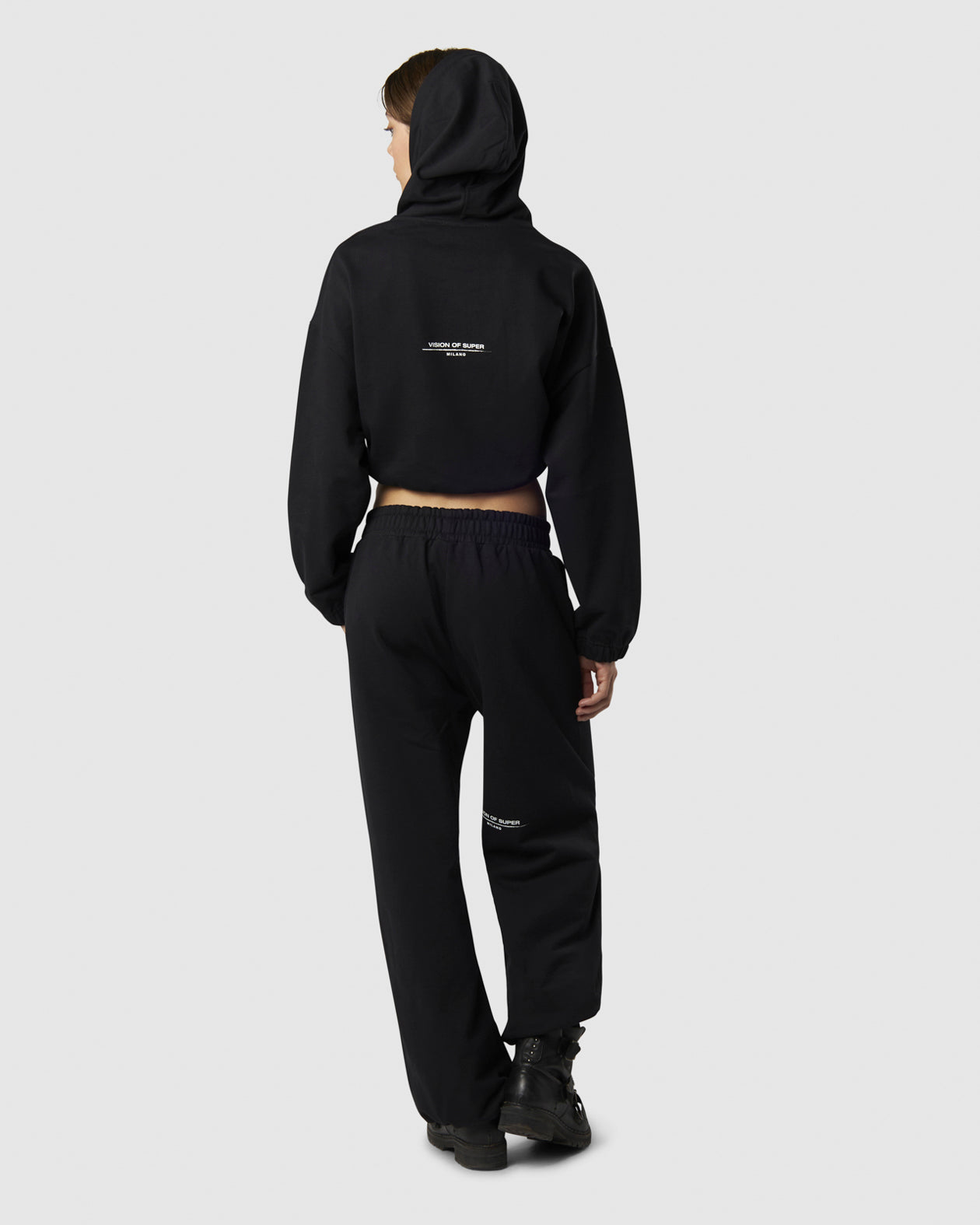 Vision Of Super BACK CROP HOODIE WITH EMBROIDERED FLAME LOGO ON FRONT AND PRINTED LOGO ON BACK Saldi Di Fabbrica