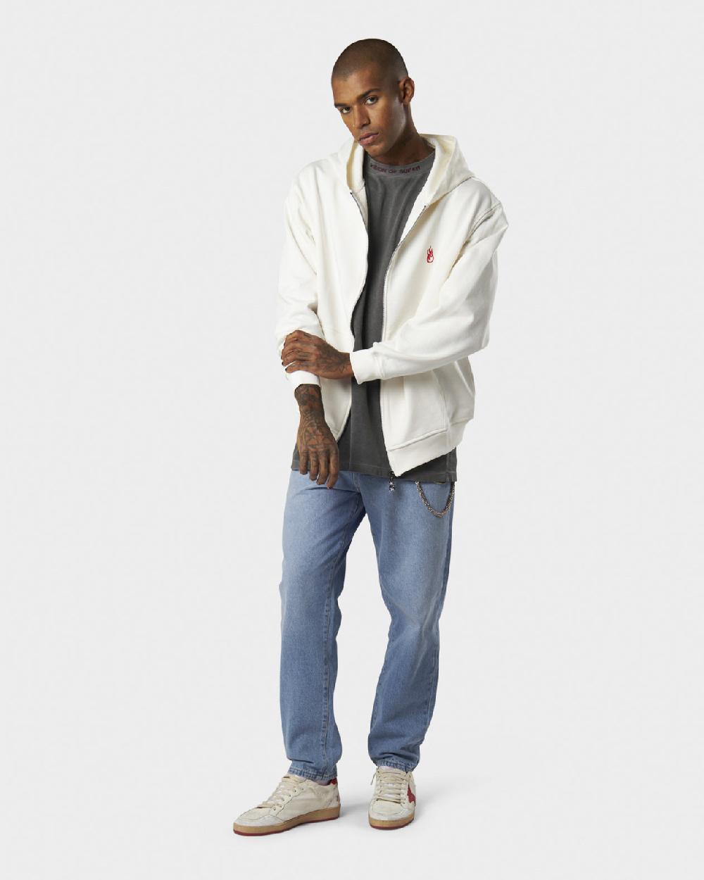 Vision Of Super WHITE HOODIE ZIP WITH RED FLAMES METAL LABEL AND PRINTED LOGO I Più Venduti