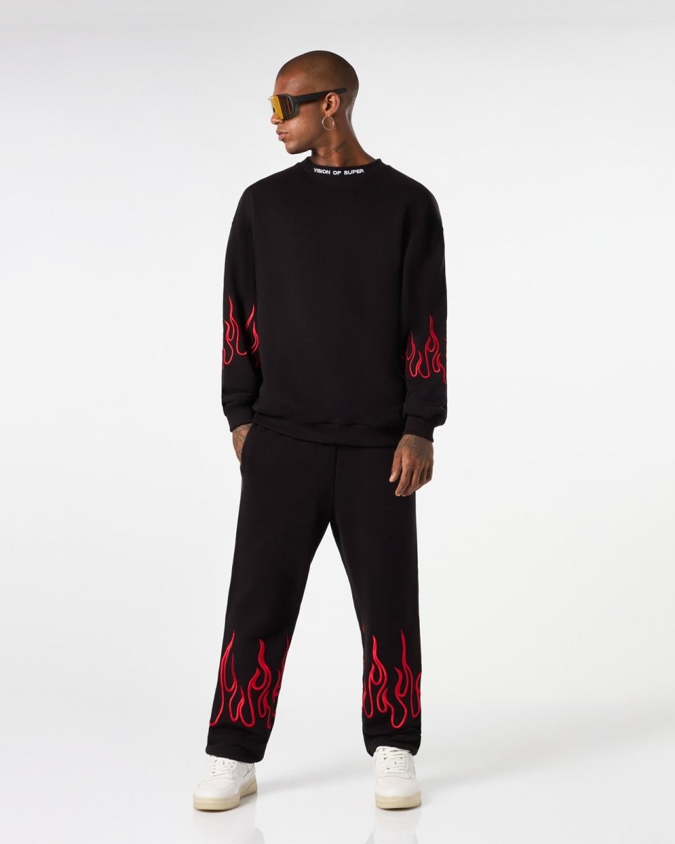 Vision Of Super BLACK CREWNECK WITH RED EMBROIDERED FLAMES 2025