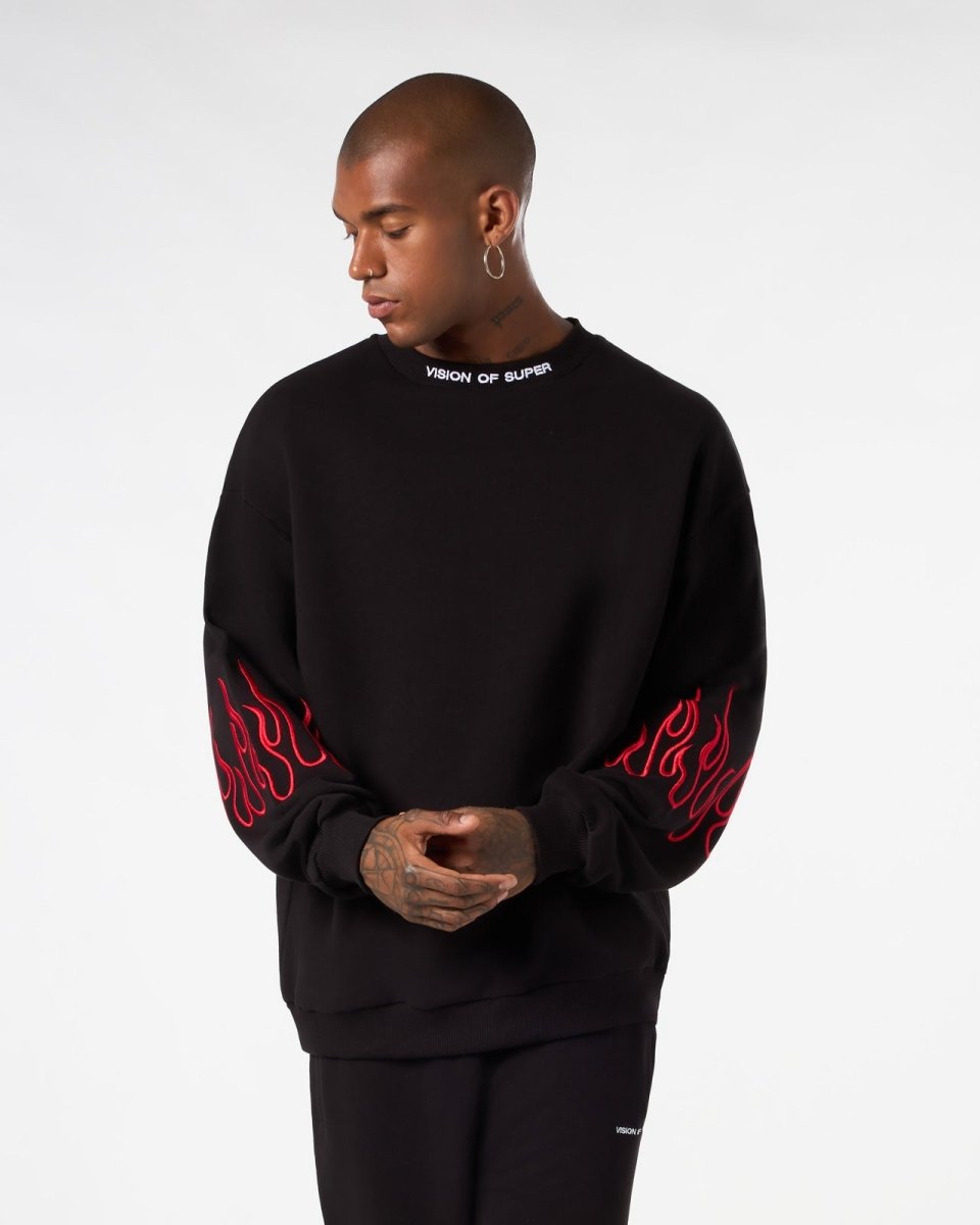 Vision Of Super BLACK CREWNECK WITH RED EMBROIDERED FLAMES 2025