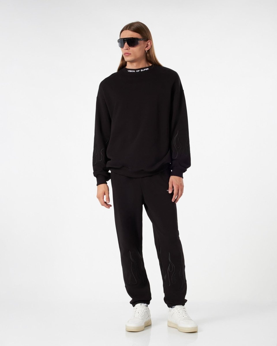 Vision Of Super BLACK CREWNECK WITH BLACK EMBROIDERED FLAMES In Linea