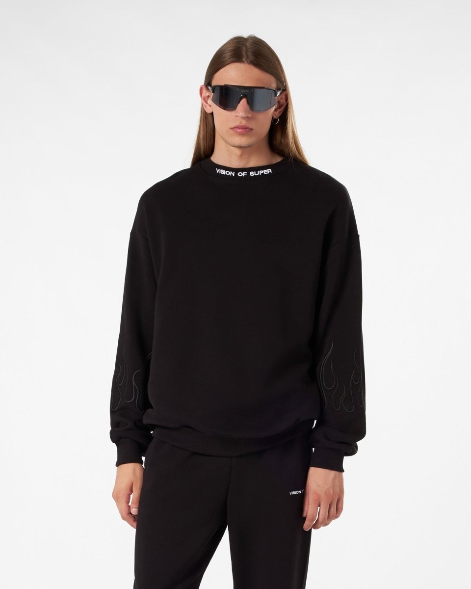 Vision Of Super BLACK CREWNECK WITH BLACK EMBROIDERED FLAMES In Linea