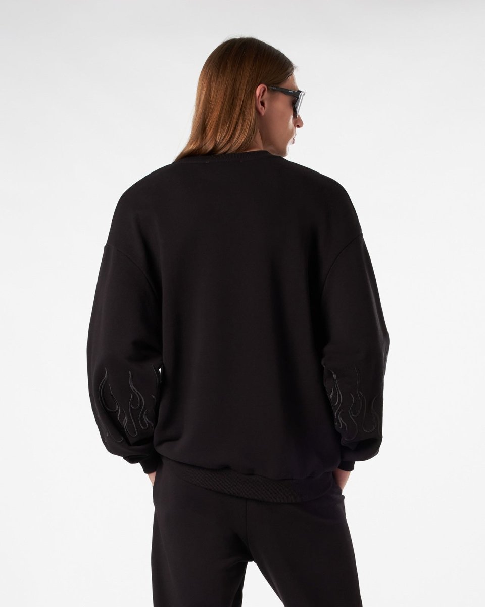 Vision Of Super BLACK CREWNECK WITH BLACK EMBROIDERED FLAMES In Linea
