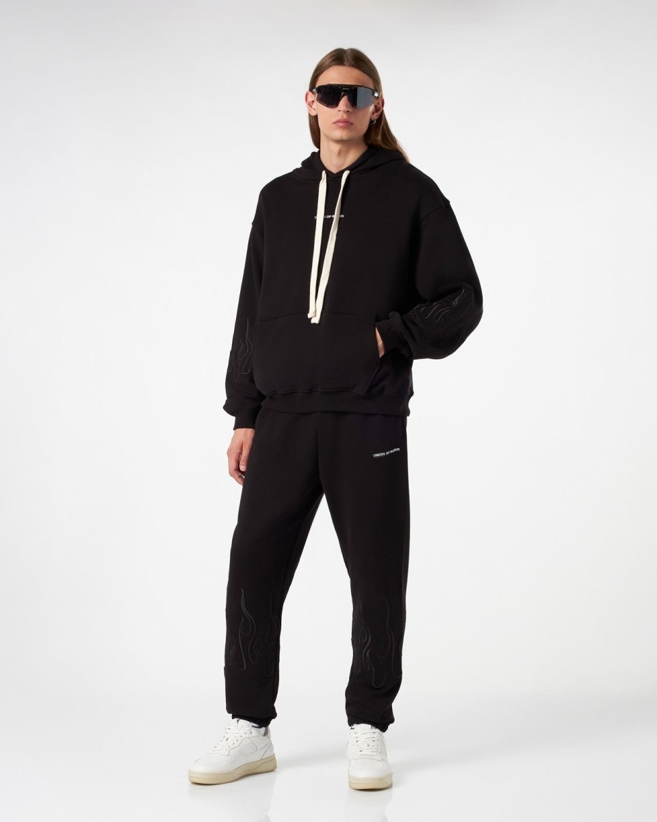 Vision Of Super BLACK HOODIE WITH BLACK EMBROIDERED FLAMES Officina