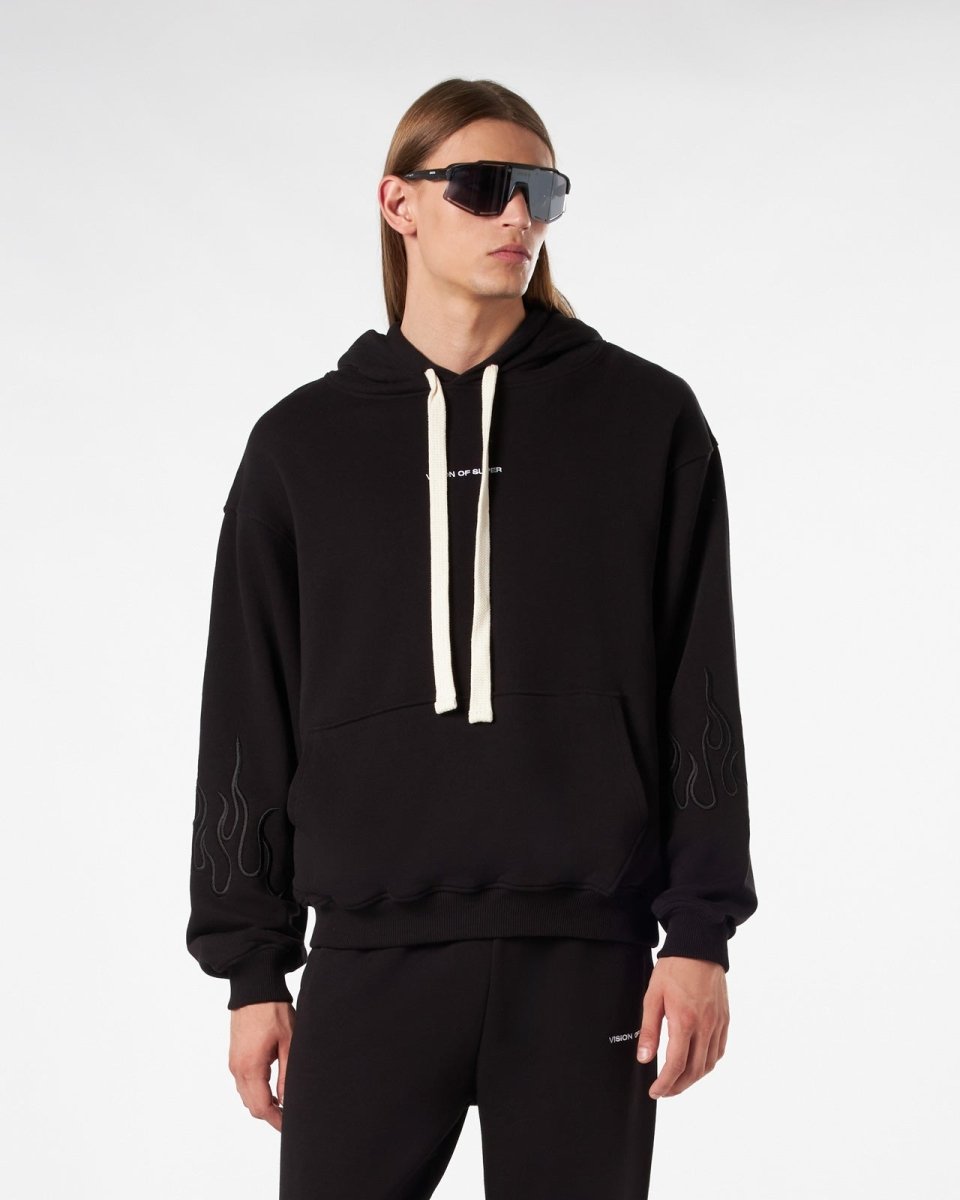 Vision Of Super BLACK HOODIE WITH BLACK EMBROIDERED FLAMES Officina