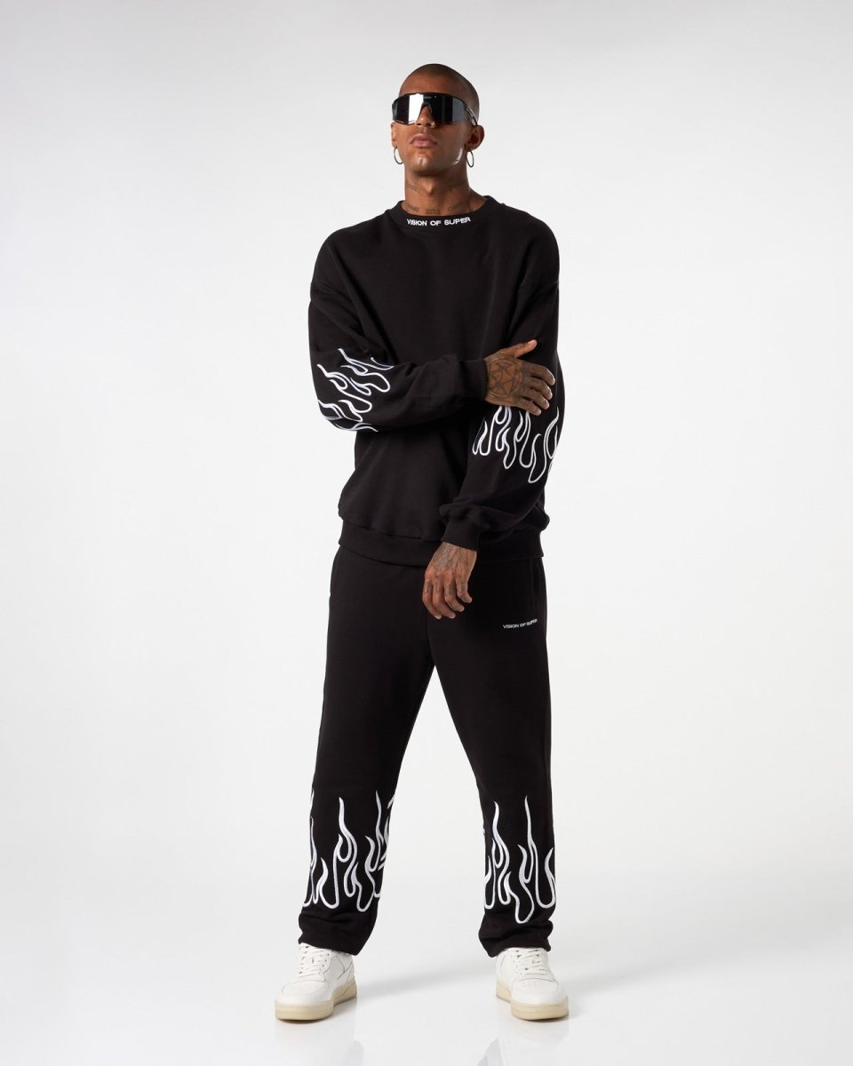 Vision Of Super BLACK CREWNECK WITH WHITE EMBROIDERED FLAMES Qualità