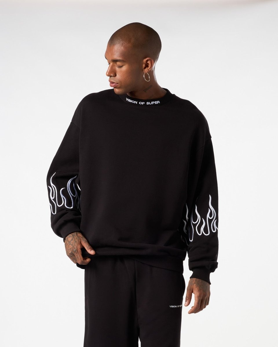 Vision Of Super BLACK CREWNECK WITH WHITE EMBROIDERED FLAMES Qualità