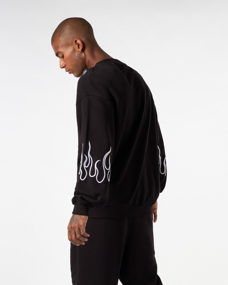 Vision Of Super BLACK CREWNECK WITH WHITE EMBROIDERED FLAMES Qualità