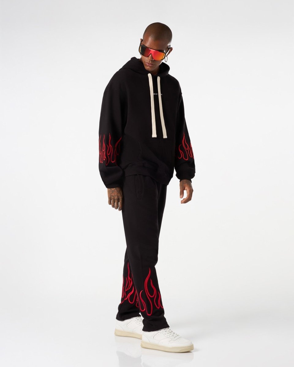 Vision Of Super BLACK HOODIE WITH RED EMBROIDERED FLAMES Promozione