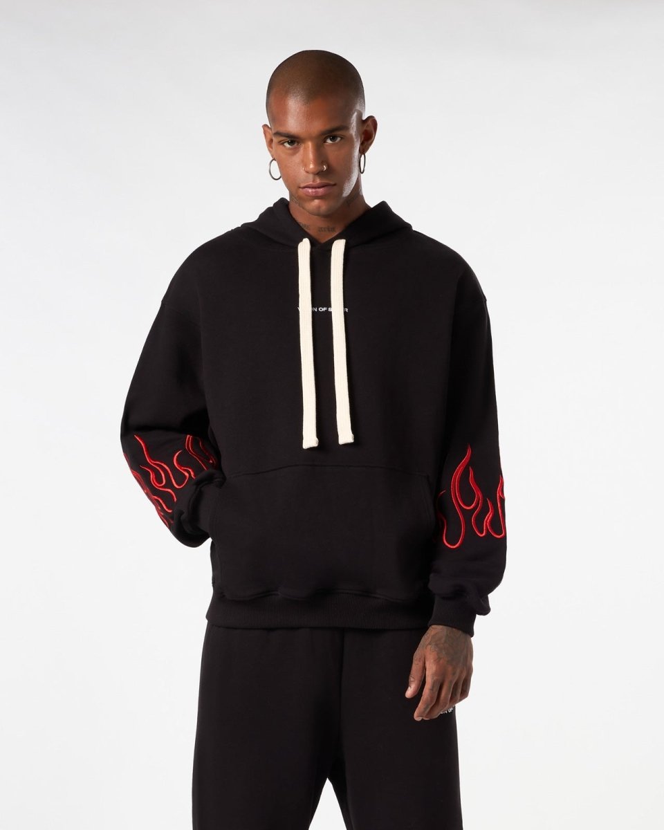 Vision Of Super BLACK HOODIE WITH RED EMBROIDERED FLAMES Promozione