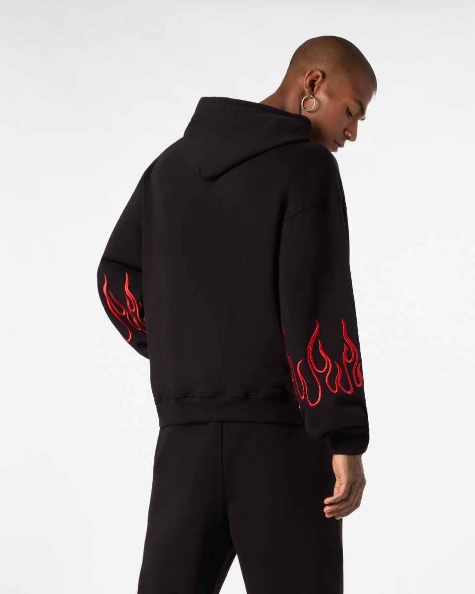 Vision Of Super BLACK HOODIE WITH RED EMBROIDERED FLAMES Promozione