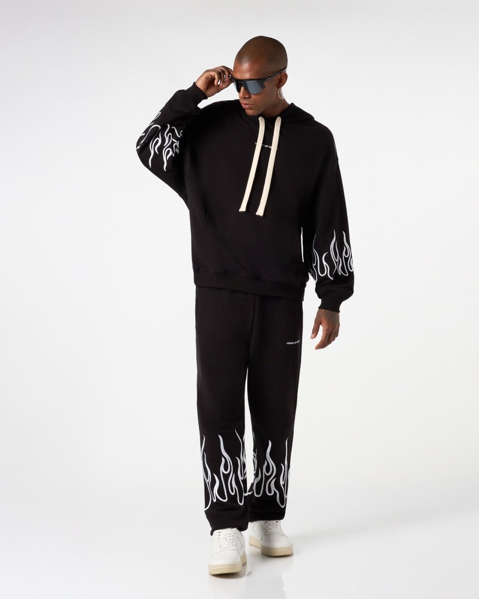 Vision Of Super BLACK HOODIE WITH WHITE EMBROIDERED FLAMES Spedizione Gratuita