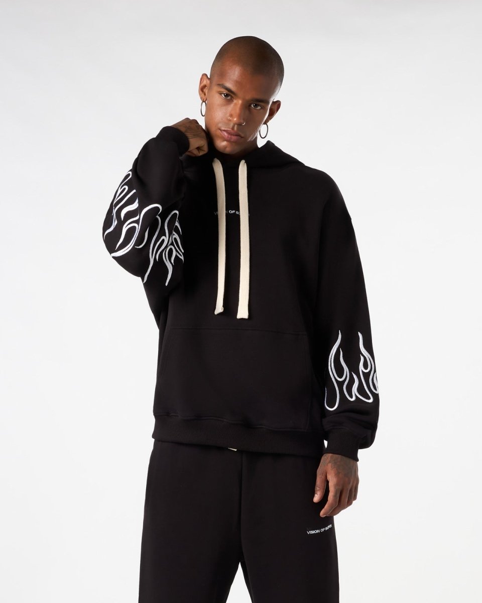 Vision Of Super BLACK HOODIE WITH WHITE EMBROIDERED FLAMES Spedizione Gratuita