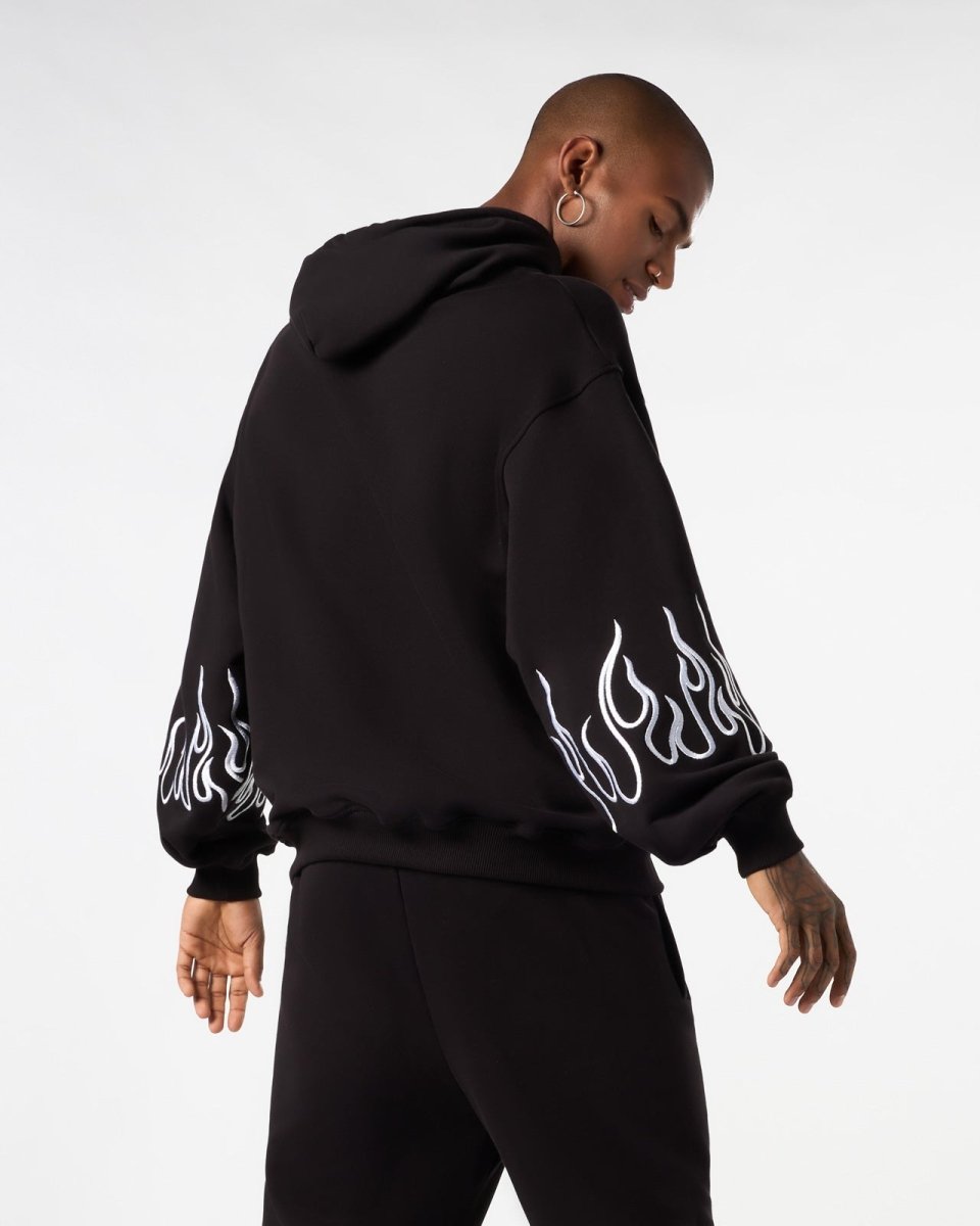 Vision Of Super BLACK HOODIE WITH WHITE EMBROIDERED FLAMES Spedizione Gratuita