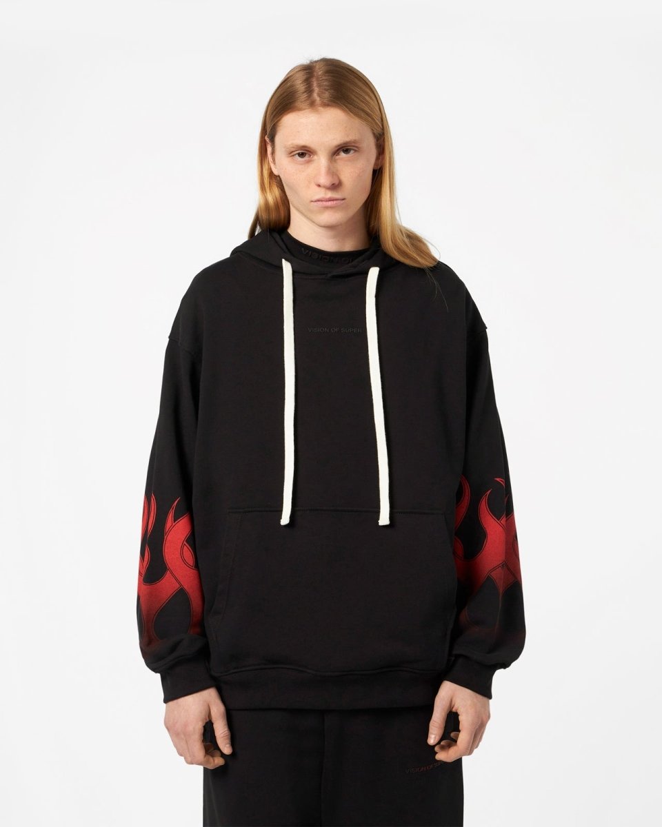 Vision Of Super BLACK HOODIE WITH RED FLAMES Pezzi Unici