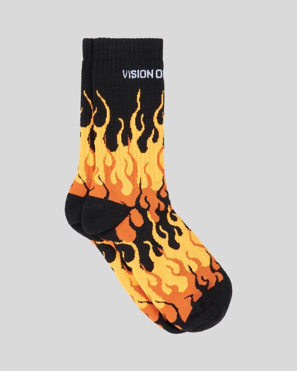 Vision Of Super BLACK SOCKS WITH ORANGE TRIPLE FLAMES Vendita Economica