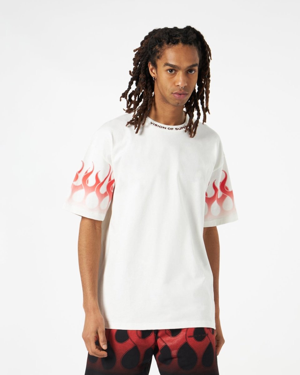 Vision Of Super WHITE T-SHIRT WITH RED FLAMES Qualità