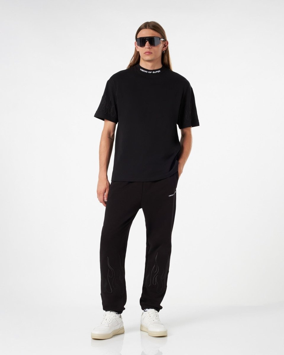 Vision Of Super BLACK PANTS WITH BLACK EMBROIDERED FLAMES Sconto