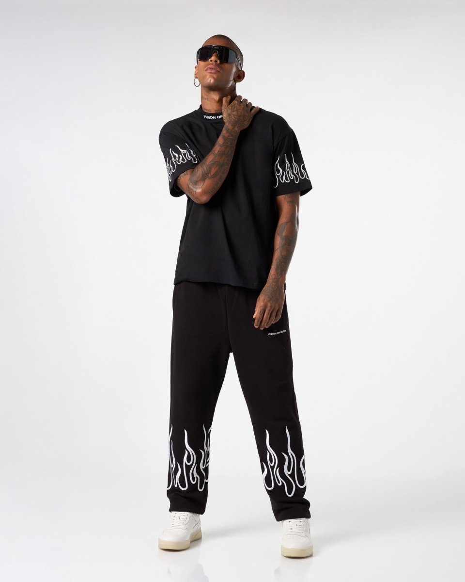 Vision Of Super BLACK PANTS WITH WHITE EMBROIDERED FLAMES Offerta