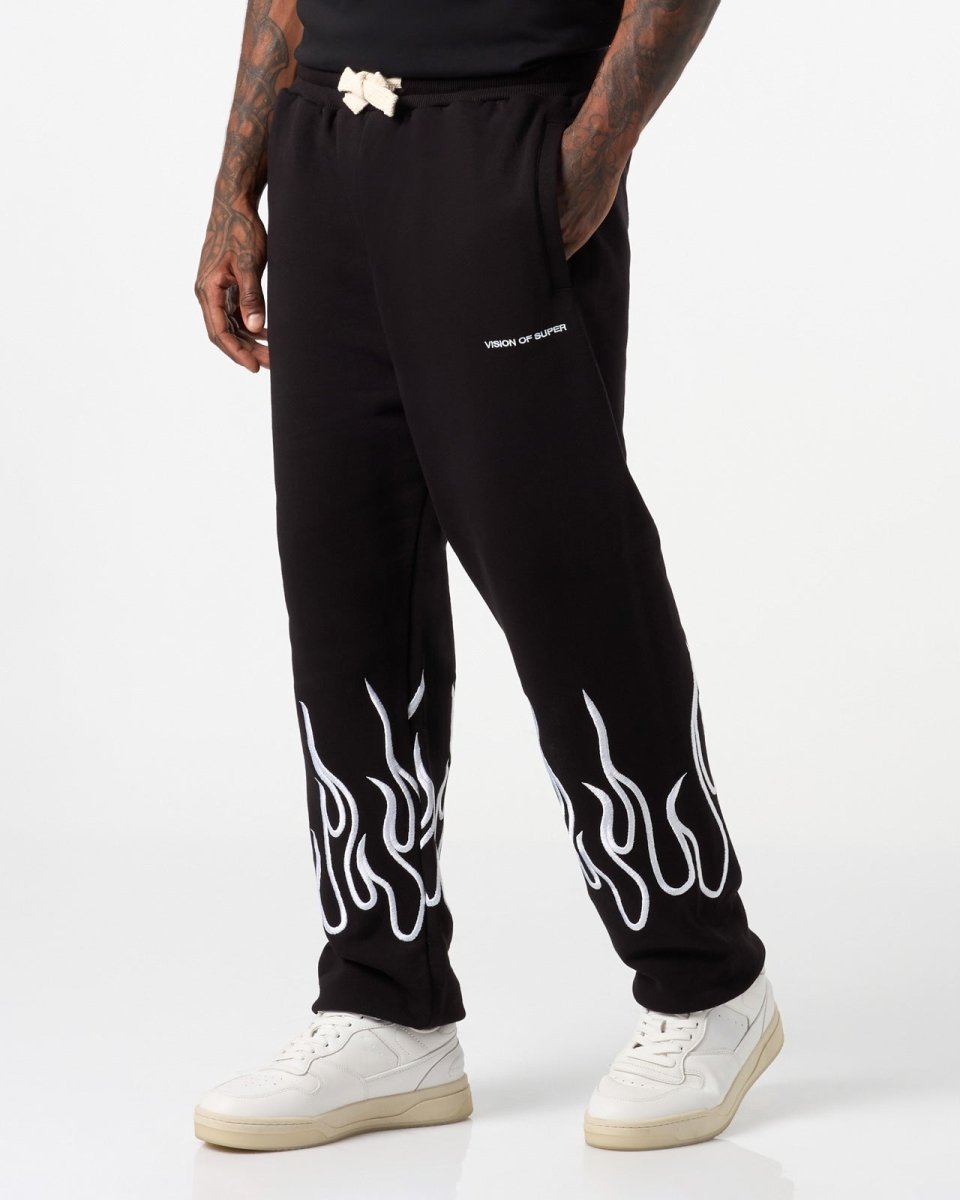Vision Of Super BLACK PANTS WITH WHITE EMBROIDERED FLAMES Offerta